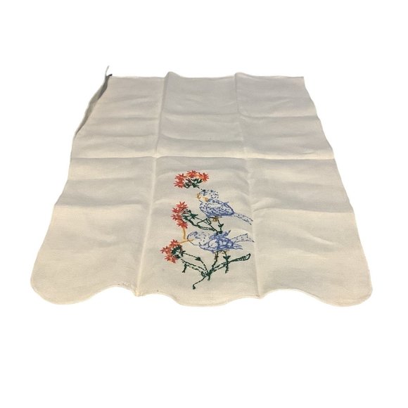 Vintage Linen Napkin Cross Stitch Embroidered Cream Floral Blue Jays 18" x 12" - Picture 2 of 9